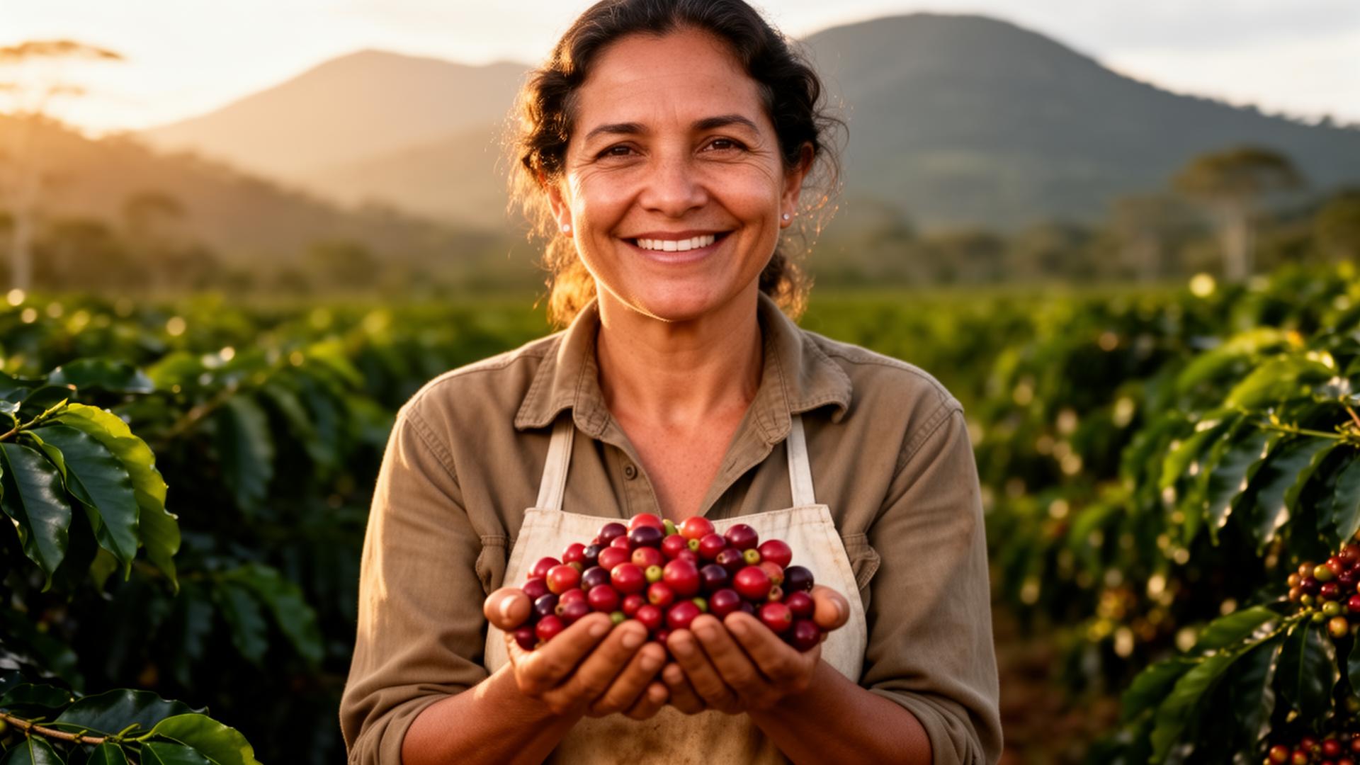 Woman holding coffee cherries on a drying bed